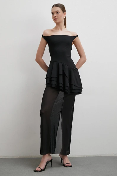 Boyun Askılı Fırfırlı Tül Elbise Siyah ürün görseli 1