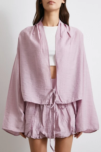 Geniş Kol Önden Bağlamalı Bluz Lila - Resim 5