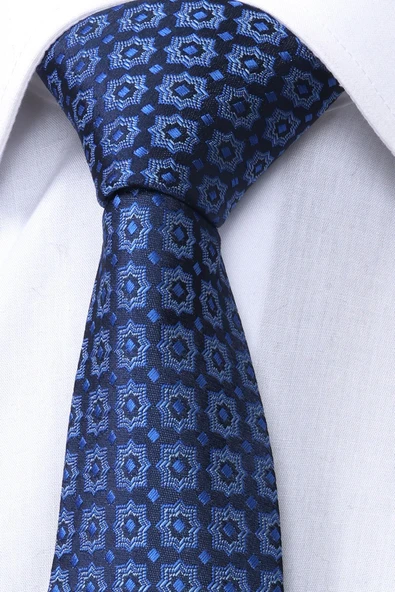 Esgue Hand Made 7.5 cm Saks Lacivert Motif Desen Mendilli Kravat - Resim 4