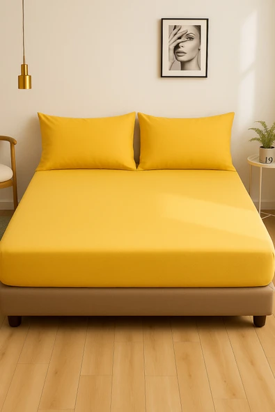 Sarı Renkli %100 Pamuklu Penye Kumaş Fitted Lastikli Çarşaf ürün görseli 1