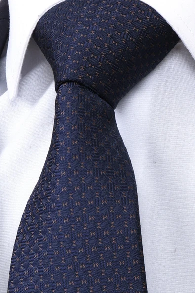 Esgue Hand Made 7.5 cm Kahverengi Lacivert Desenli Mendilli Kravat - Resim 3