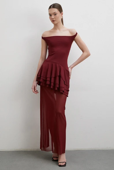 Boyun Askılı Fırfırlı Tül Elbise Bordo ürün görseli 1