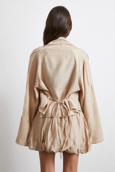 Geniş Kol Önden Bağlamalı Bluz Bej - Resim 6