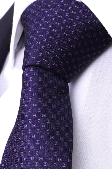 Esgue Hand Made 7.5 cm Mor Lacivert Desenli Mendilli Kravat - Resim 4