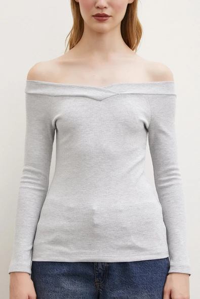 Kayık Yaka Bluz Gri - Resim 5