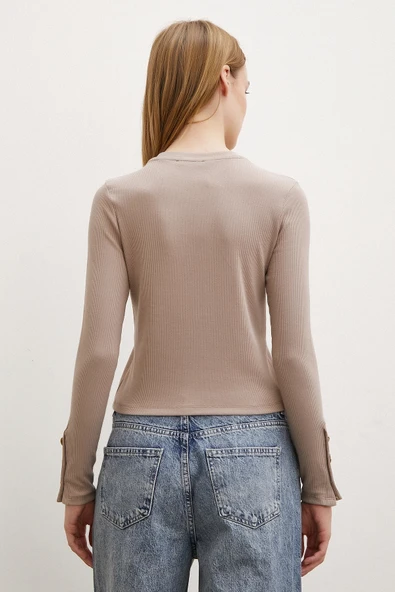 Kolu Düğmeli Bluz Vizon - Resim 6