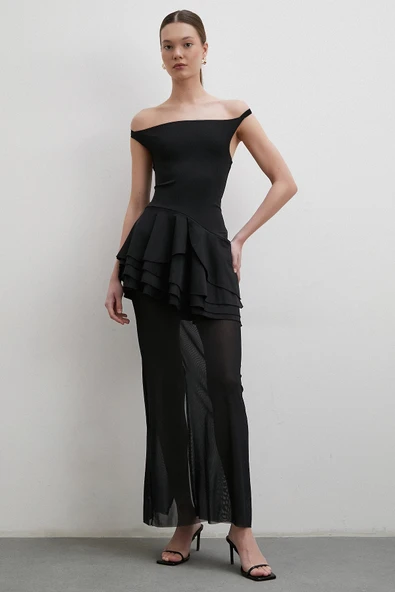 Boyun Askılı Fırfırlı Tül Elbise Siyah - Resim 2