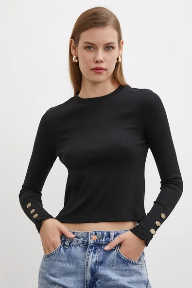 Kolu Düğmeli Bluz Siyah - Resim 3