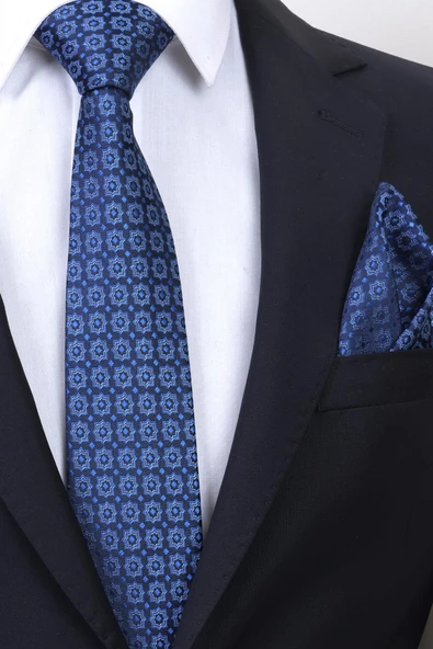 Esgue Hand Made 7.5 cm Saks Lacivert Motif Desen Mendilli Kravat - Resim 3