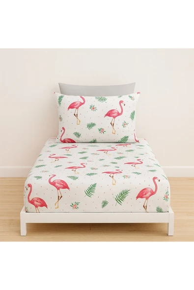 Tek Kişilik Flamingo Desen Lastikli Çarşaf ve Yastık Kılıfı 120 x 200 ürün görseli