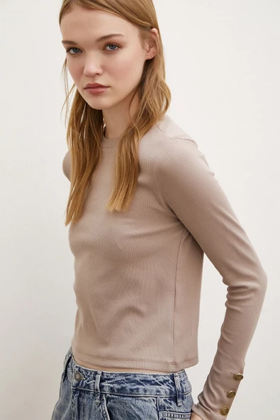 Kolu Düğmeli Bluz Vizon - Resim 3