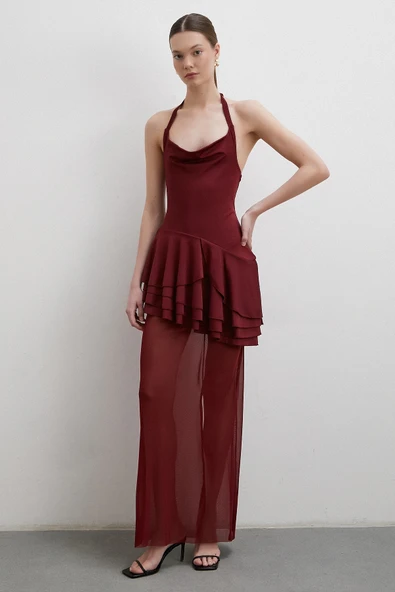 Boyun Askılı Fırfırlı Tül Elbise Bordo - Resim 6