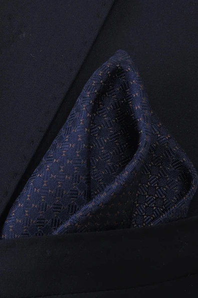 Esgue Hand Made 7.5 cm Kahverengi Lacivert Desenli Mendilli Kravat - Resim 4