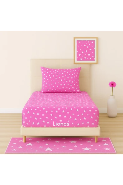 Desenli 90 x 200 cm Pembe Yıldız Lastikli Çarşaf ve Yastık Kılıfı ürün görseli