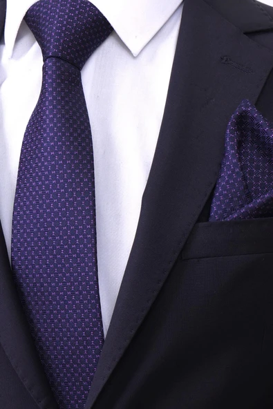 Esgue Hand Made 7.5 cm Mor Lacivert Desenli Mendilli Kravat - Resim 2