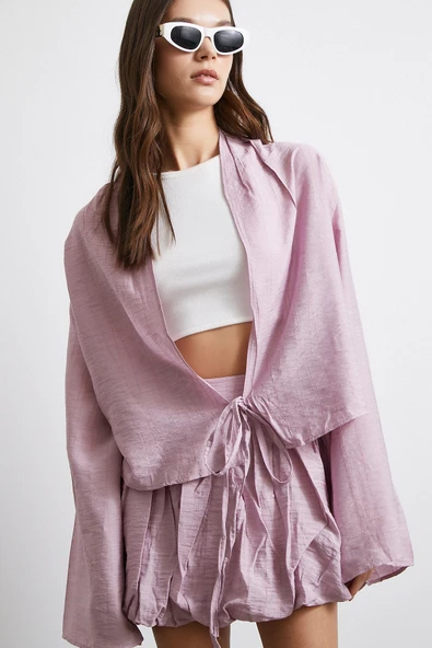 Geniş Kol Önden Bağlamalı Bluz Lila - Resim 3