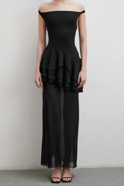 Boyun Askılı Fırfırlı Tül Elbise Siyah - Resim 3