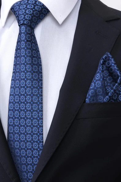 Esgue Hand Made 7.5 cm Saks Lacivert Motif Desen Mendilli Kravat - Resim 2