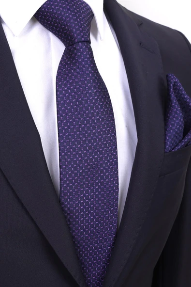 Esgue Hand Made 7.5 cm Mor Lacivert Desenli Mendilli Kravat ürün görseli 1