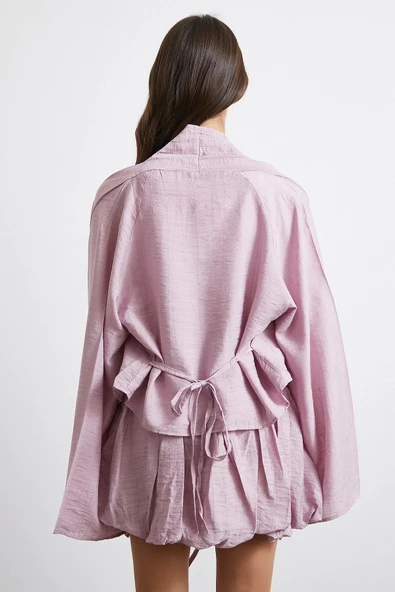 Geniş Kol Önden Bağlamalı Bluz Lila - Resim 6