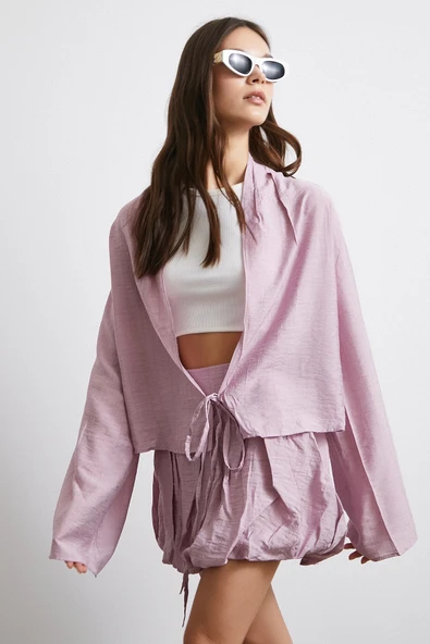 Geniş Kol Önden Bağlamalı Bluz Lila ürün görseli 1