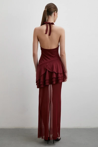 Boyun Askılı Fırfırlı Tül Elbise Bordo - Resim 3