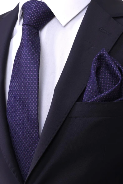 Esgue Hand Made 7.5 cm Mor Lacivert Desenli Mendilli Kravat - Resim 3