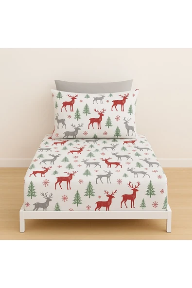 Tek Kişilik Geyik Desen Lastikli Çarşaf ve Yastık Kılıfı 120 x 200 ürün görseli