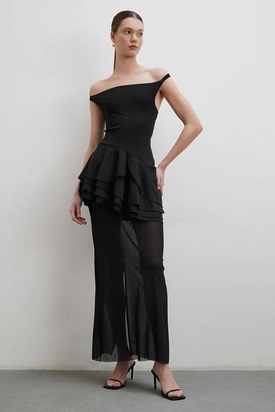 Boyun Askılı Fırfırlı Tül Elbise Siyah - Resim 6