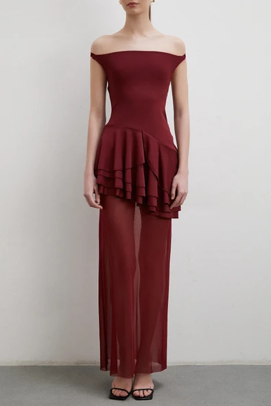 Boyun Askılı Fırfırlı Tül Elbise Bordo - Resim 2