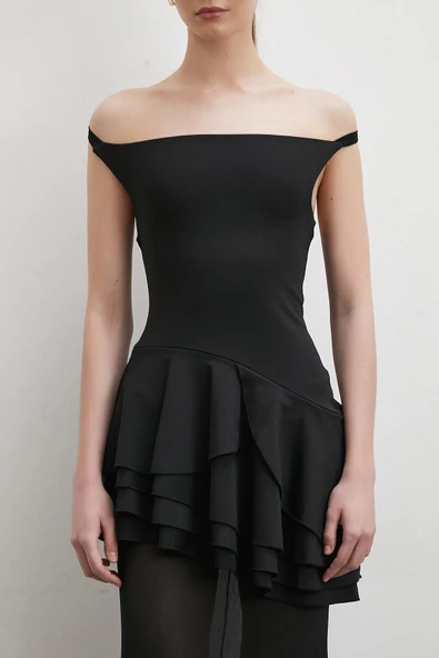 Boyun Askılı Fırfırlı Tül Elbise Siyah - Resim 4