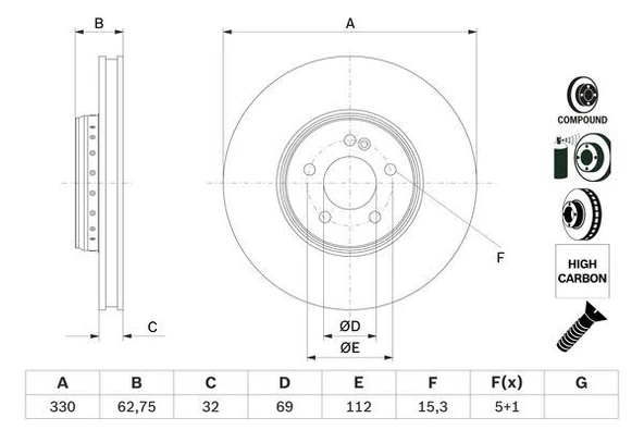 BOSCH 0986479G43 FREN DISKI ON MERCEDES W205 S205 C205 A205 W213 S213 C238 A238 X253 C253 A0004212712 ürün görseli 1