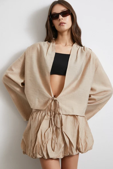 Geniş Kol Önden Bağlamalı Bluz Bej ürün görseli 1