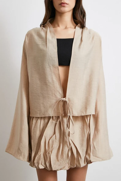 Geniş Kol Önden Bağlamalı Bluz Bej - Resim 5