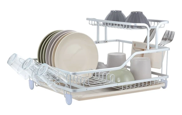 Afilli Alüminyum Bulaşıklık Paslanmaz 2 Katlı Bardak Tabak Kurutma Sepeti