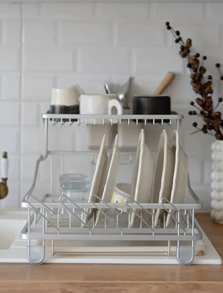 Afilli Alüminyum Bulaşıklık Paslanmaz 2 Katlı Bardak Tabak Kurutma Sepeti - 4