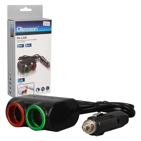 Olesson 1631 12-24v Tek Usb Girişli 120w 80cm Kablolu 2'lı Araç Çakmak Çoklayıcı ürün görseli