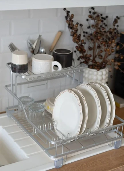 Afilli Alüminyum Bulaşıklık Paslanmaz 2 Katlı Bardak Tabak Kurutma Sepeti - 3