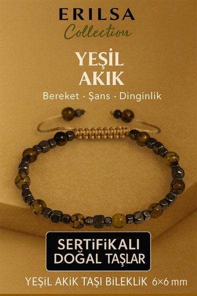 Sertifikalı Doğal Terahertz Ejderha Yeşil Akik Taşı Bileklik 6x6 mm - Bereket ve Şans Taşı ürün görseli 1