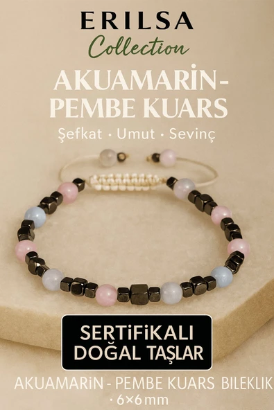 Sertifikalı Doğal Terahertz Akuamarin – Pembe Kuvars Taşı Bileklik 6x6 mm Şefkat ve Umut Taşı ürün görseli