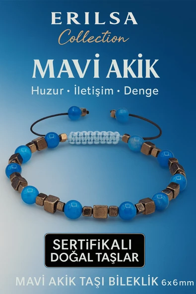 Sertifikalı Doğal Terahertz Mavi Akik Taşı Bileklik 6x6 mm - Huzur ve Denge Taşı ürün görseli