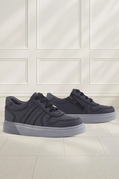 Rakerplus Hakiki Deri Siyah Gri Tabanlı Günlük Erkek Çocuk Okul Ayakkabısı