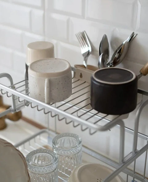 Afilli Alüminyum Bulaşıklık Paslanmaz 2 Katlı Bardak Tabak Kurutma Sepeti - 5