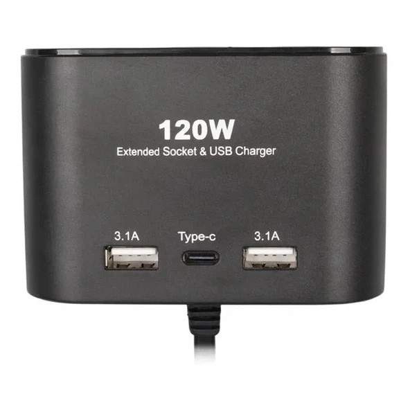 Olesson 1653 12-24v Çift Usb + Type-c Girişli 100w 70cm Kablolu 3'lü Araç Çakmak Çoklayıcı - Resim 3