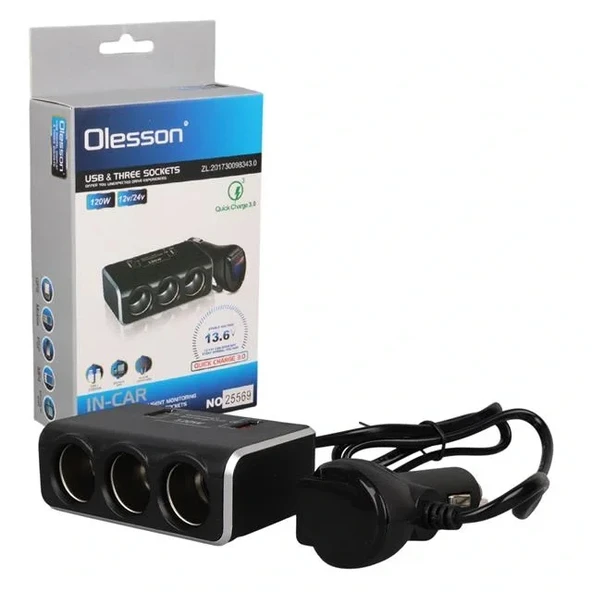 Olesson 1639 12-24v Çift Usb Girişli Hızlı Şarj Destekli 120w 80cm Kablolu Dijital Voltaj Ekranlı 3'lü Araç Çakmak Çokla ürün görseli