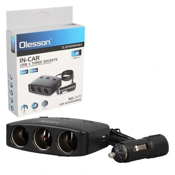 Olesson 1636 12-24v Çift Usb Girişli 100w 70 Cm Kablolu 3'lü Araç Çakmak Çoklayıcı ürün görseli