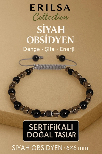 Sertifikalı Doğal Terahertz Siyah Obsidyen Taşı Bileklik 6x6 mm - Denge ve Enerji Taşı ürün görseli