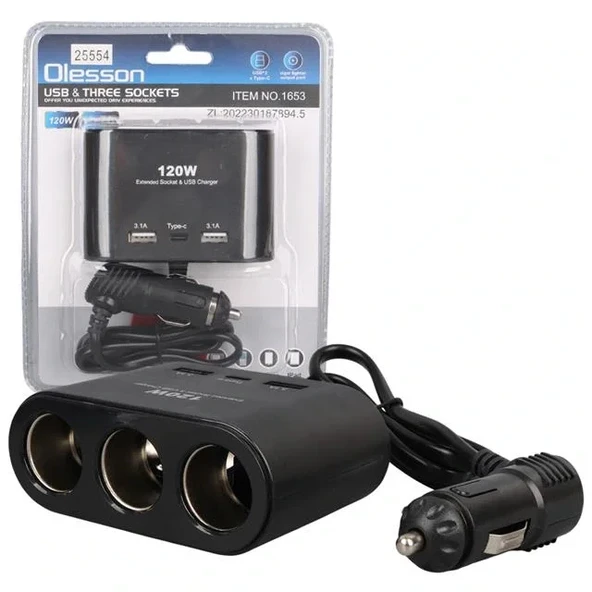 Olesson 1653 12-24v Çift Usb + Type-c Girişli 100w 70cm Kablolu 3'lü Araç Çakmak Çoklayıcı ürün görseli