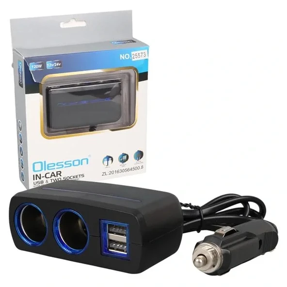 Olesson 1638 12-24v Çift Usb Girişli 120w 80 Cm Kablolu 2'lı Araç Çakmak Çoklayıcı ürün görseli 1