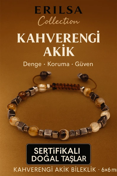 ASertifikalı Doğal Terahertz Kahverengi Akik Taşı Bileklik 6x6 mm - Denge ve Koruma Taşı ürün görseli